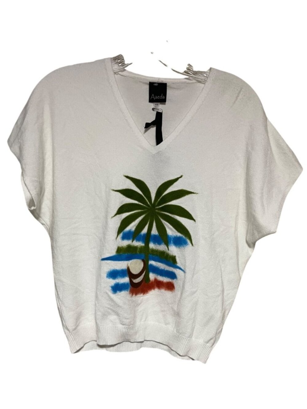 Aaeda Coconut Palm Tree V-Neck Sweater Womens XS Dolman Short Sleeve Tropical